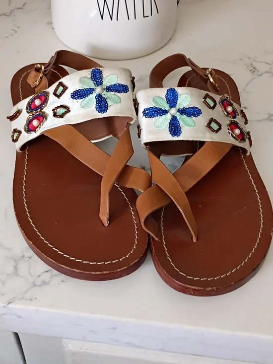 TORY BURCH Handcrafted Brown Leather Slide Sandals with Blue Embroidered Flower - Picture 5 of 12